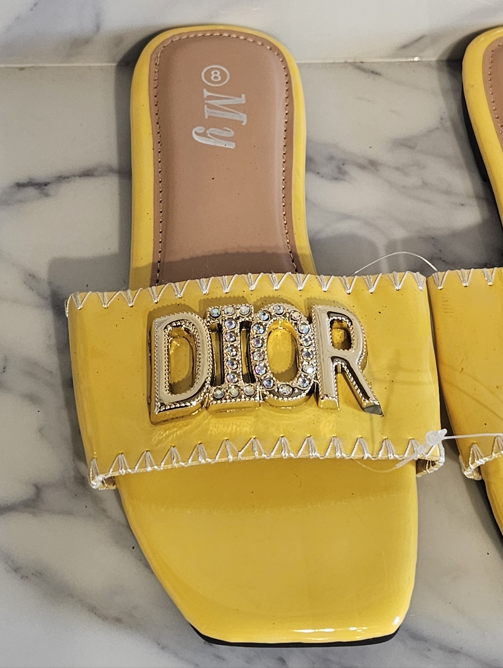 Gorgeous Inspired Yellow 'DIOR' Slide Sandals Blingy Logo Accent - Sz 8 - Picture 3 of 4